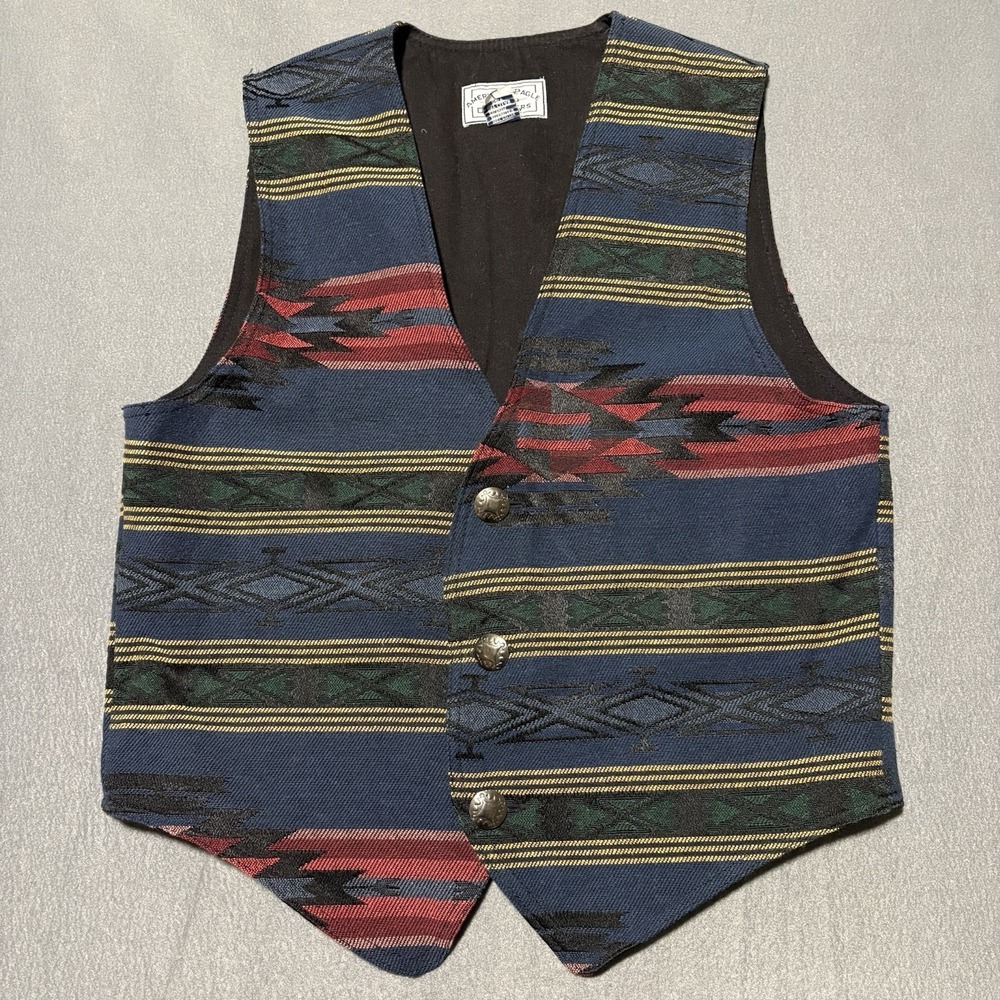 Vintage Tapestry Vest L Crop Cut Buckle Cinch Southwestern Artsy Aztec Native